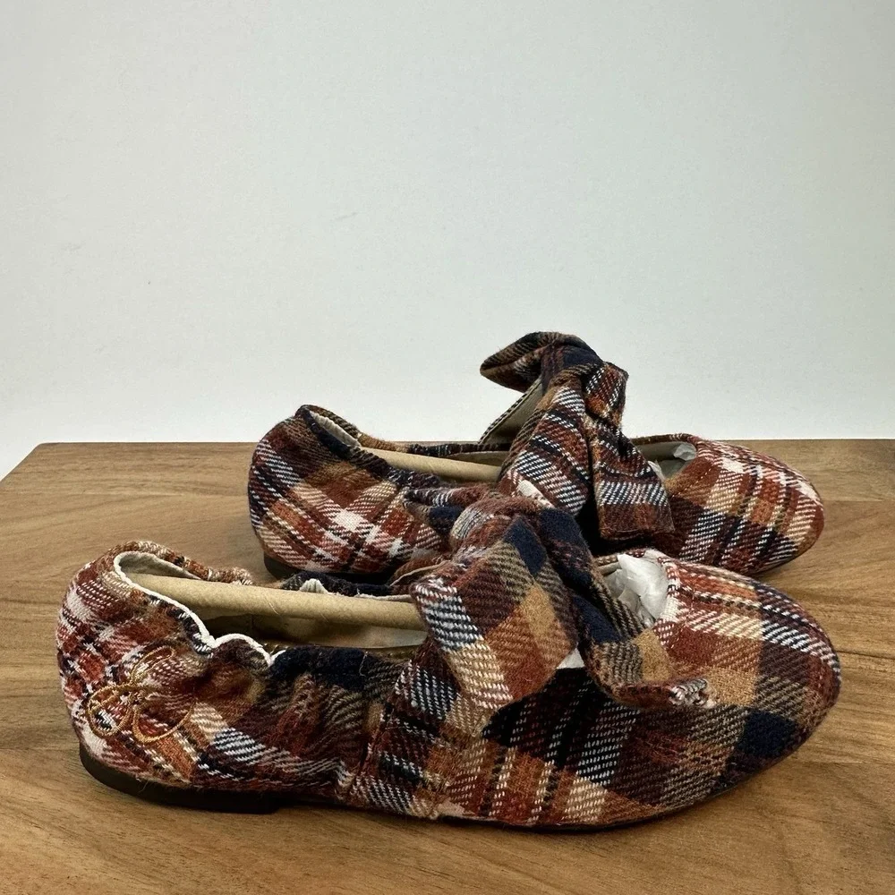 New Big Kids Sam Edelman Felicity Rust‎ Plaid Ballet Flats Shoes Size 1 Y